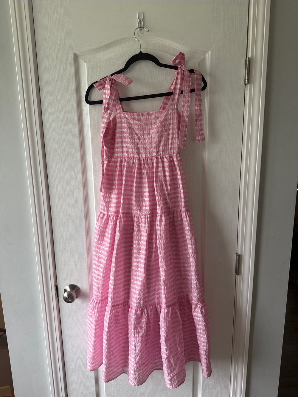 Pink Tie-Shoulder Tiered Midi Dress